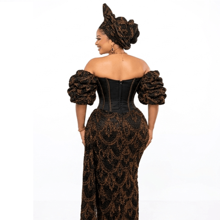 Nigerian George wedding dress, decorated stones, black and gold fabric